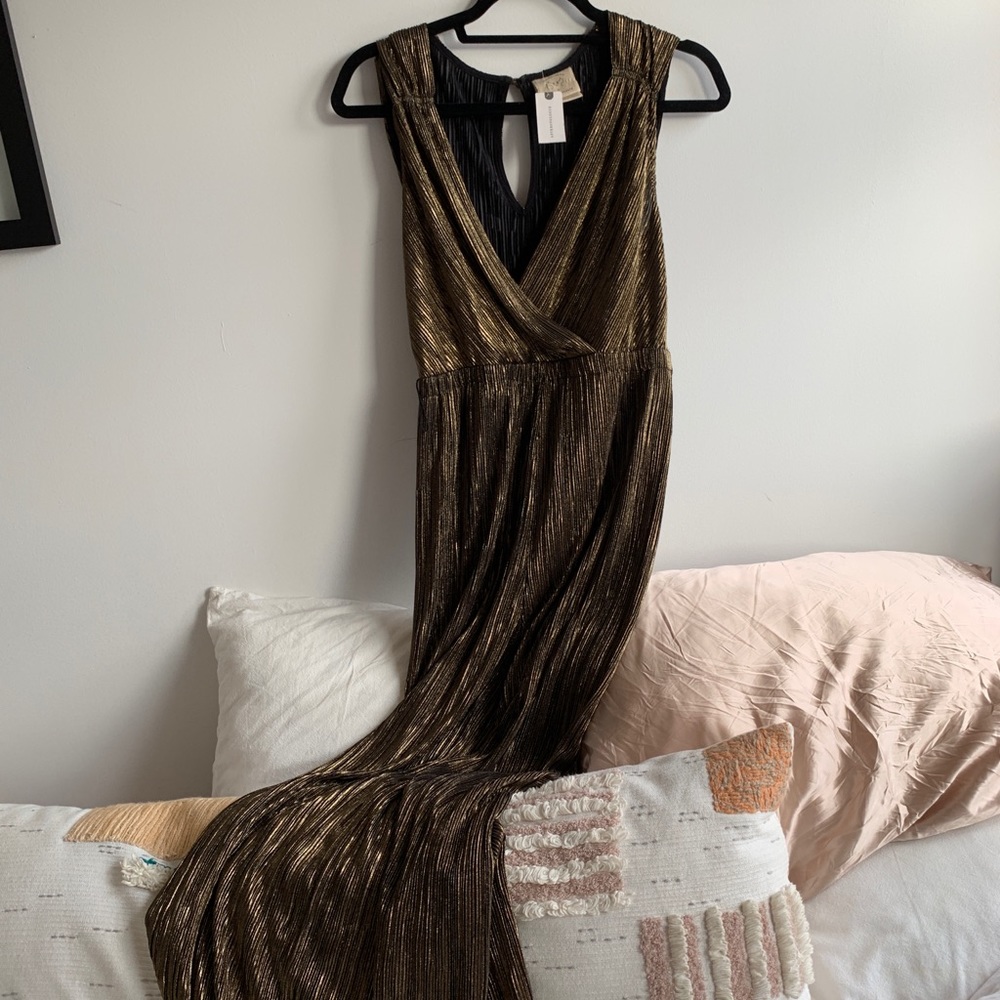 Anthropologie S Gold Pleated Jumpsuit